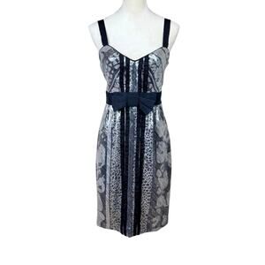Diane Von Furstenberg Grey and Black Sequin Ariba Zip Up Bow Sheath Dress